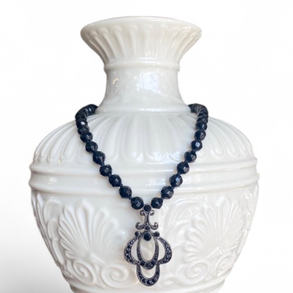 MONET art deco-style black beaded necklace with ornate pendant